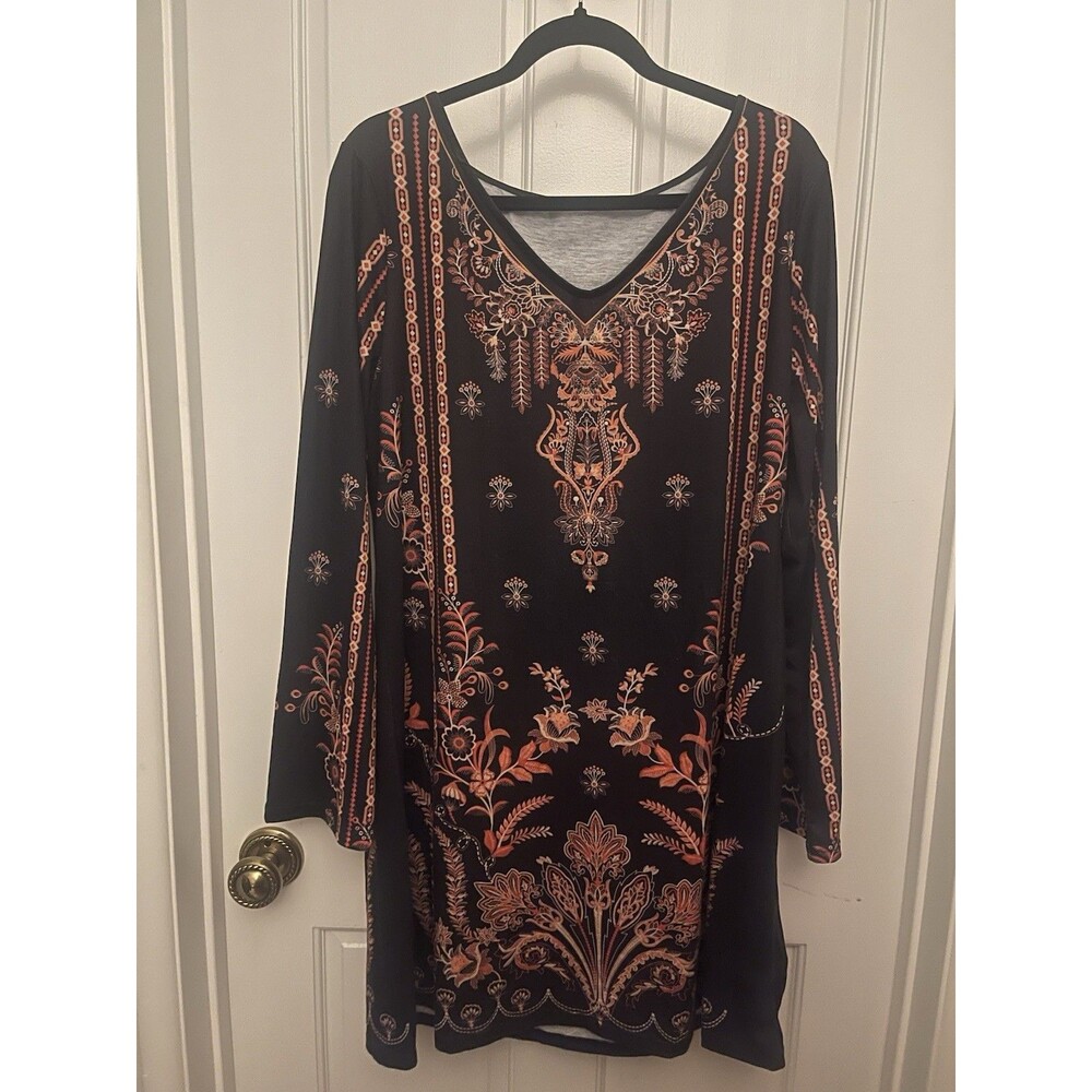 Designer Women’s Black Printed Kurti Long Sleeve V-Neck Tunic Floral Size XL